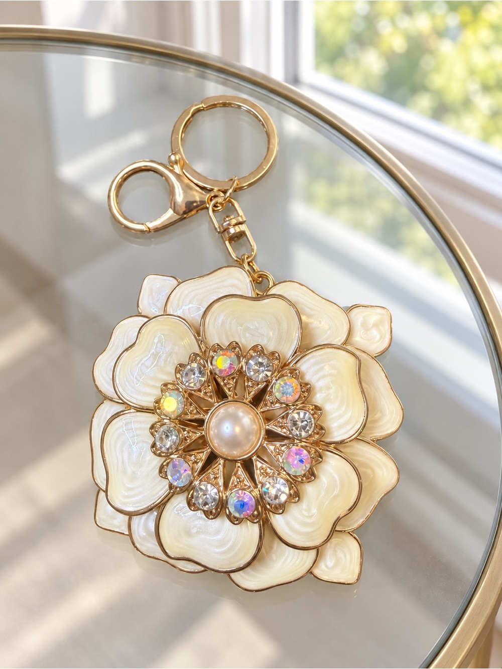 Floral Rhinestone Keychain in Gold & White Like New
